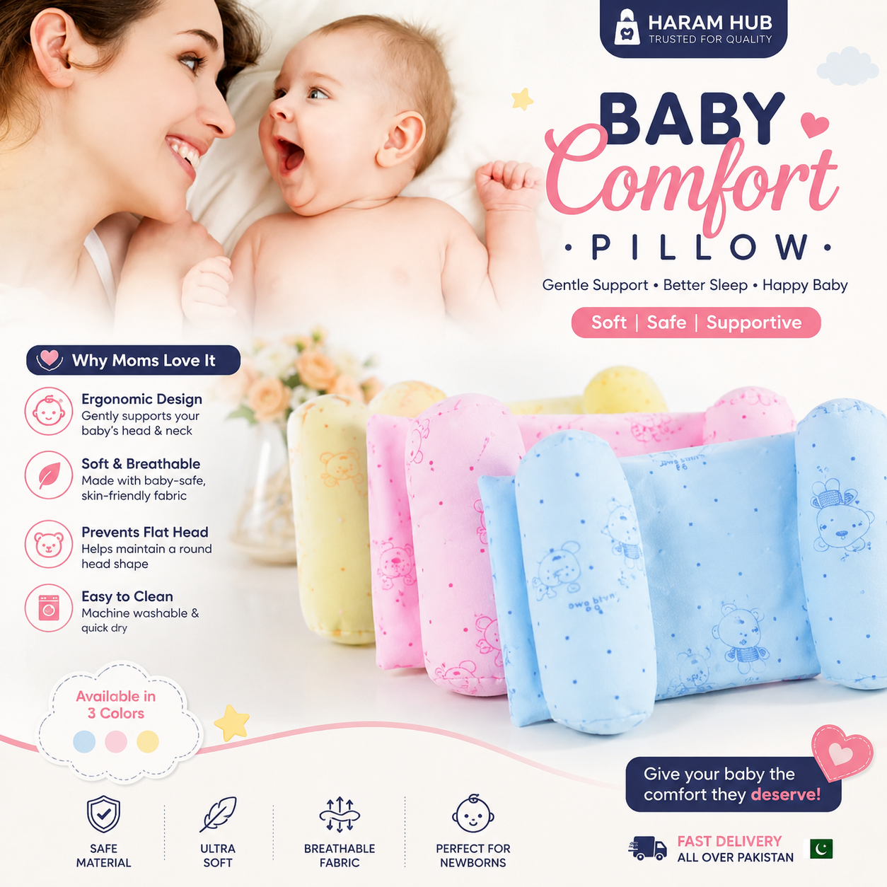 🛒 👶 Premium Baby Anti-Roll Sleep Positioner Pillow | 🛏️ Adjustable Newborn Sleeping Support Cushion | ☁️ Soft & Breathable Baby Pillow