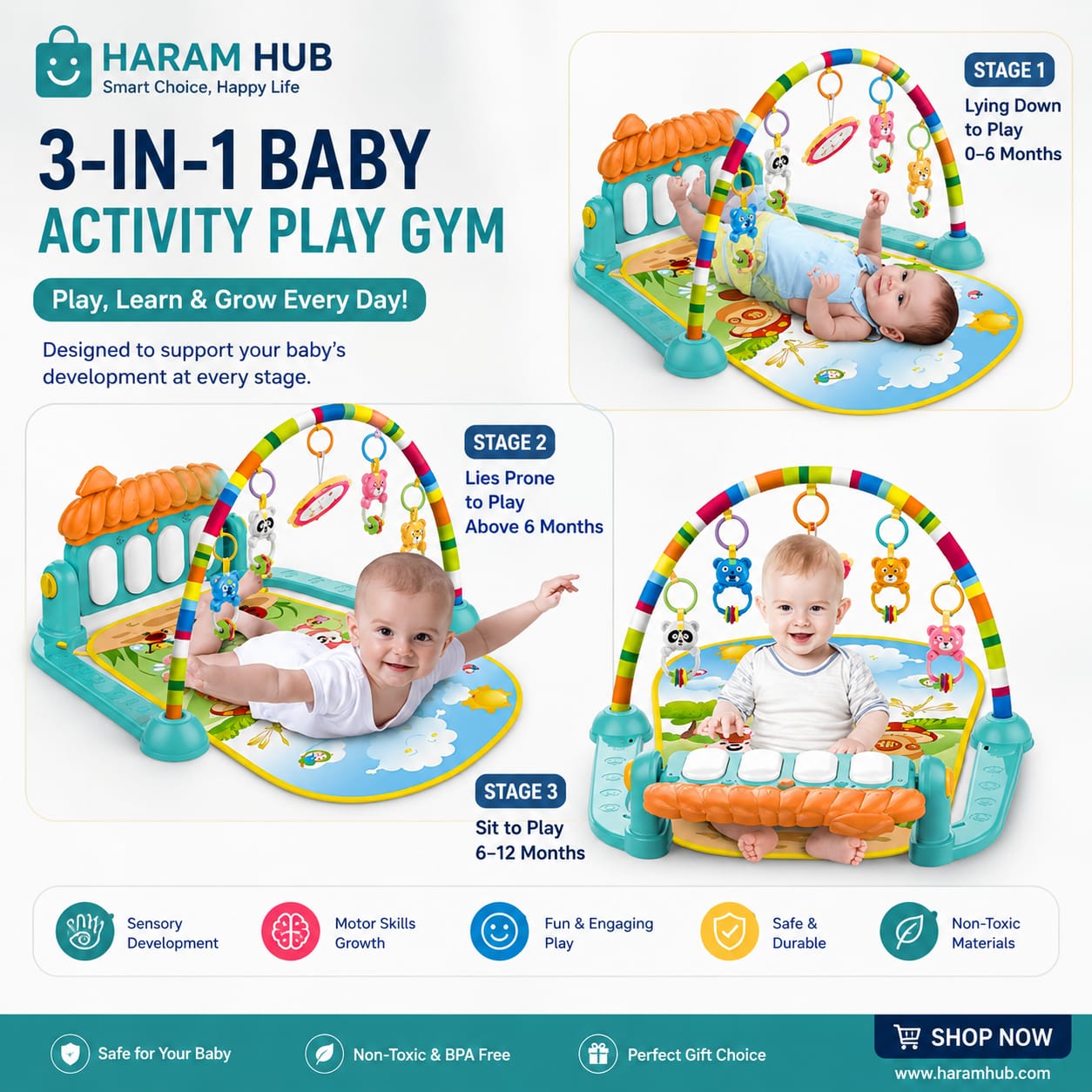 3-in-1 Baby Activity Gym & Piano Play Mat | Musical Play Mat for Infants