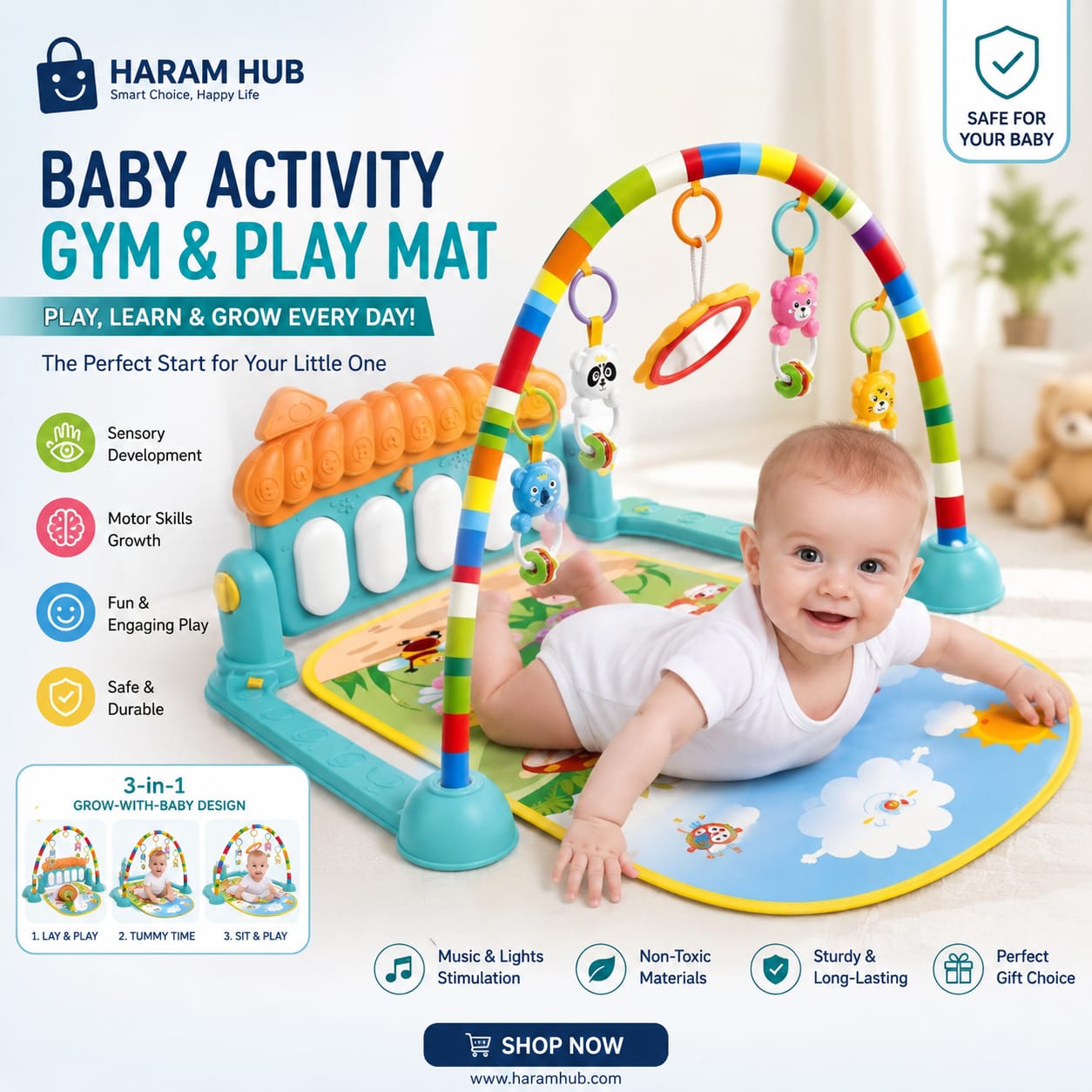 3-in-1 Baby Activity Gym & Piano Play Mat | Musical Play Mat for Infants